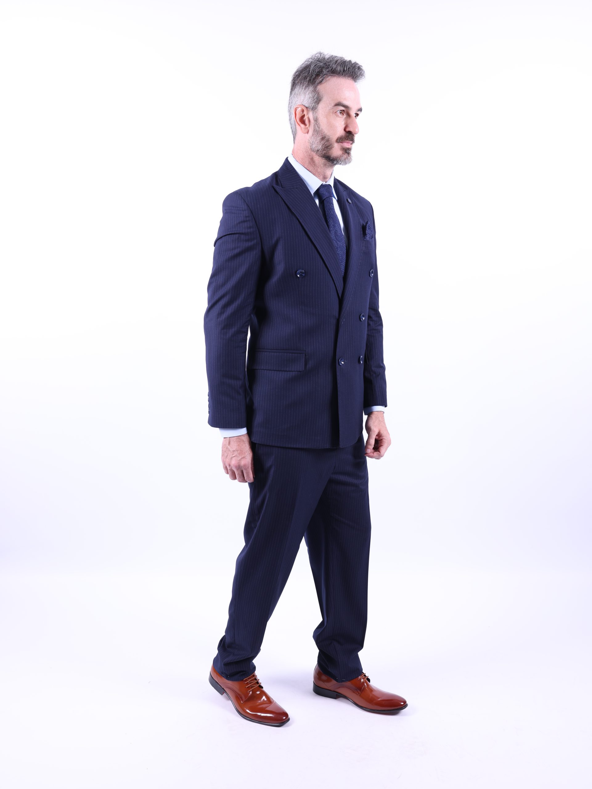 Navy pinstriped double-breasted suit - Image 7