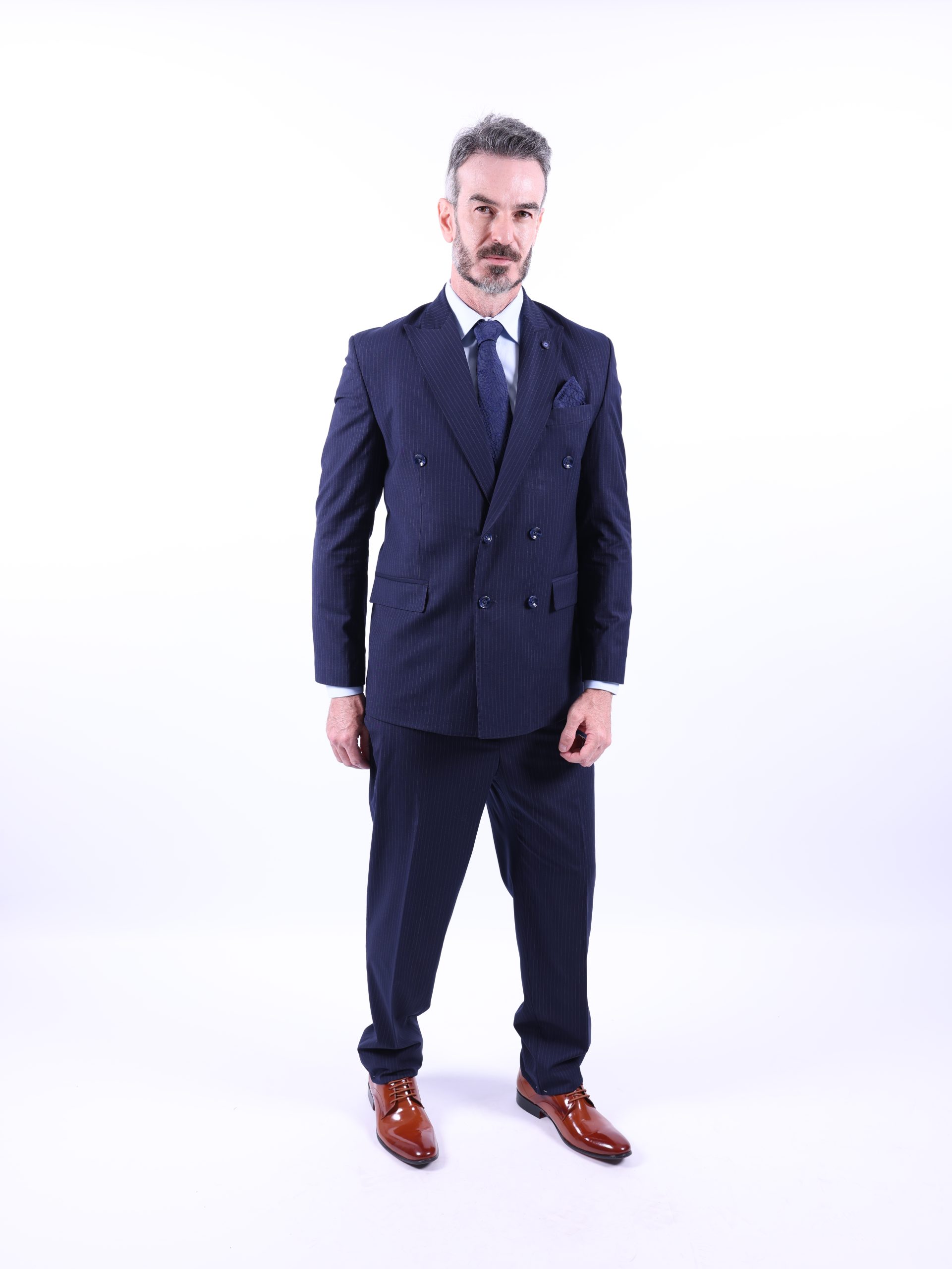 Navy pinstriped double-breasted suit - Image 8