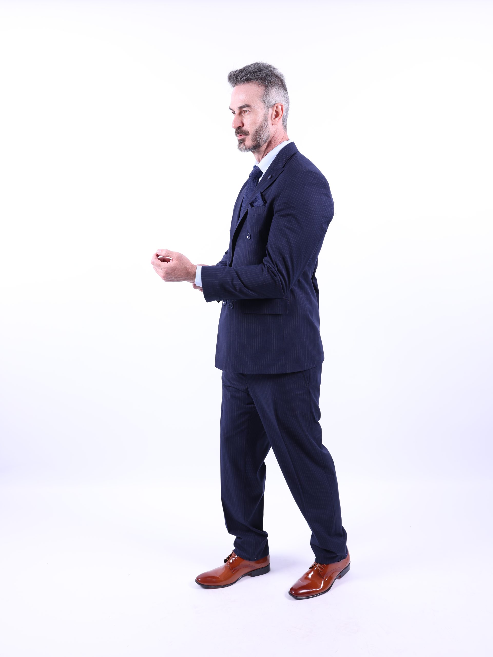 Navy pinstriped double-breasted suit - Image 10