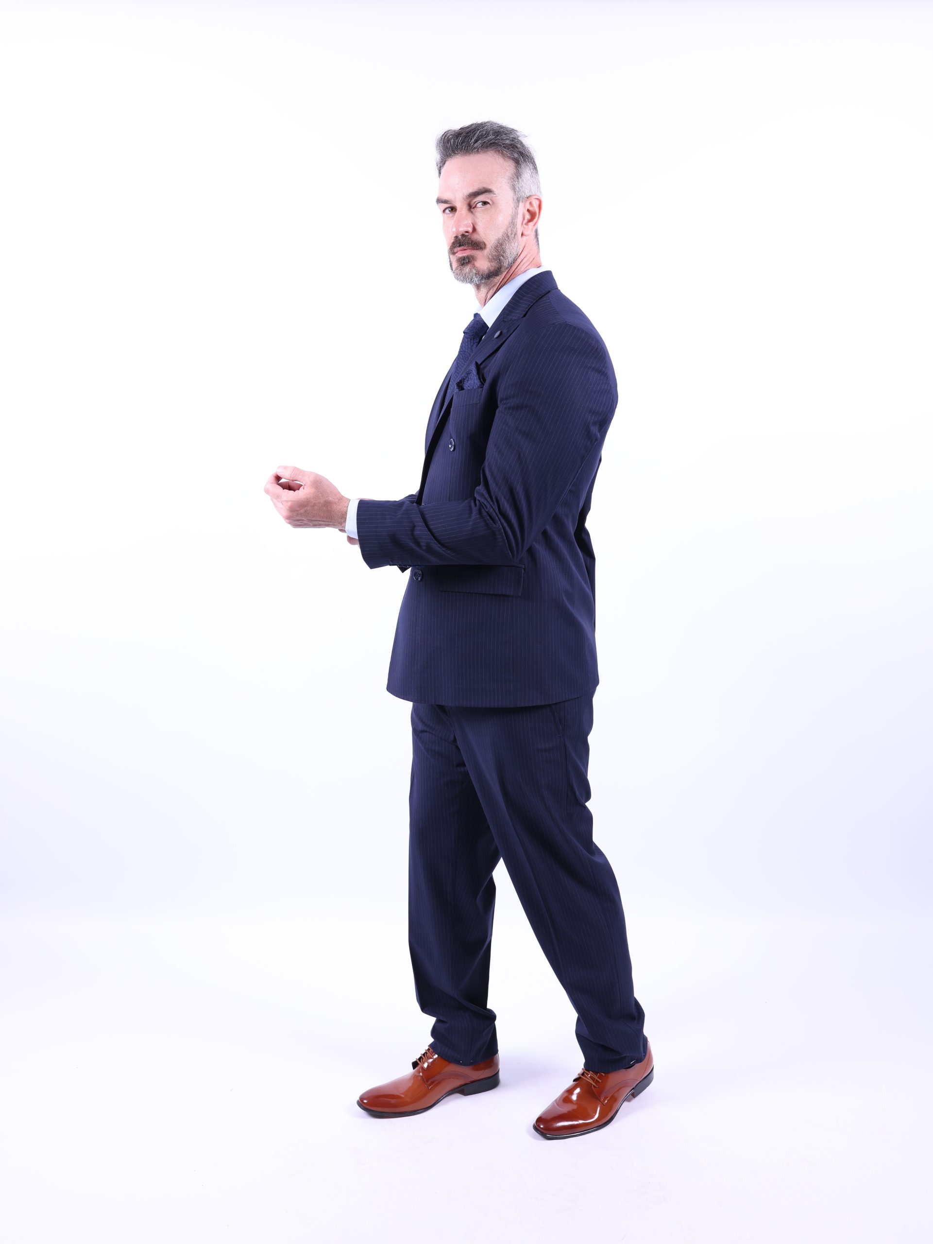 Navy pinstriped double-breasted suit - Image 11