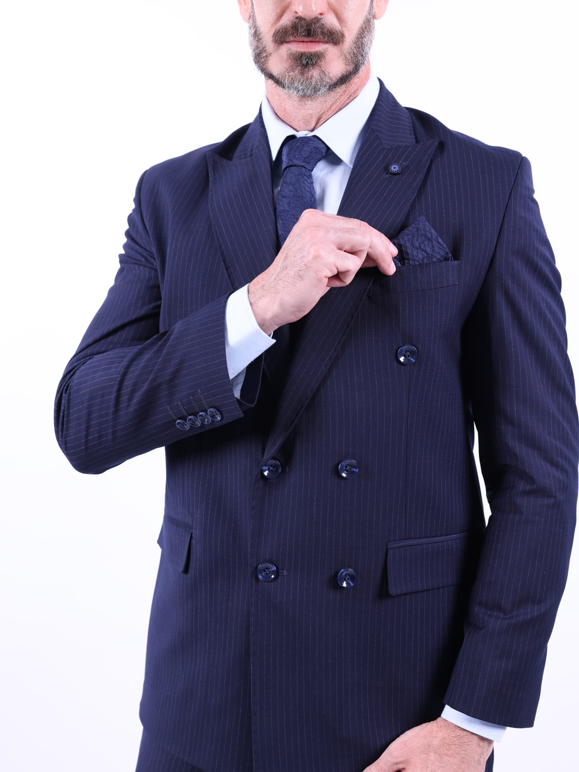 Navy pinstriped double-breasted suit - Image 13