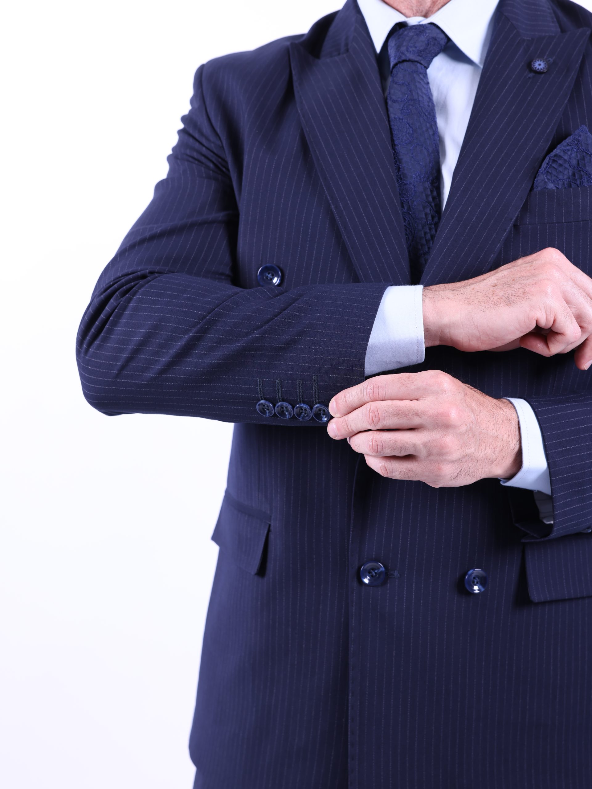 Navy pinstriped double-breasted suit - Image 14
