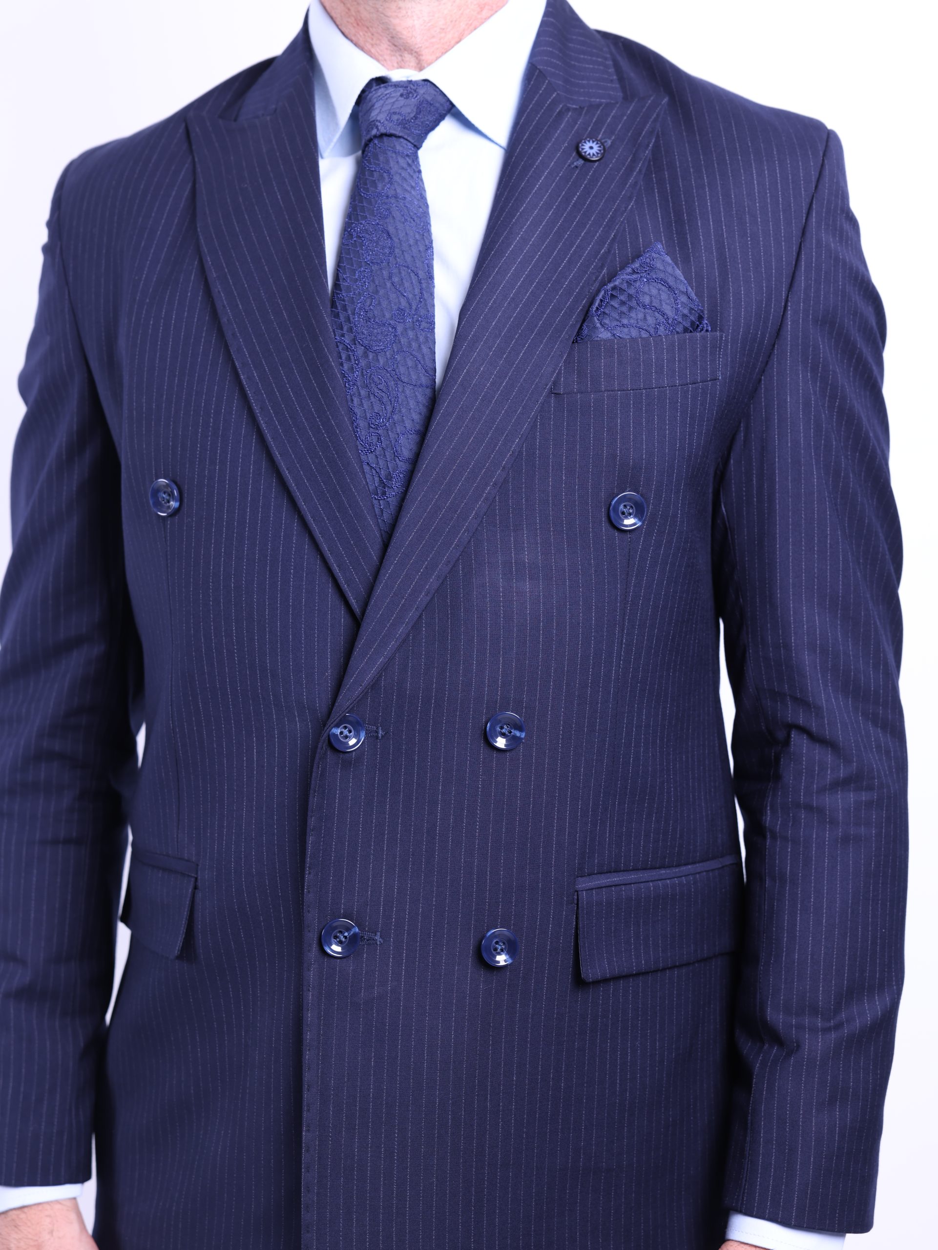 Navy pinstriped double-breasted suit - Image 17